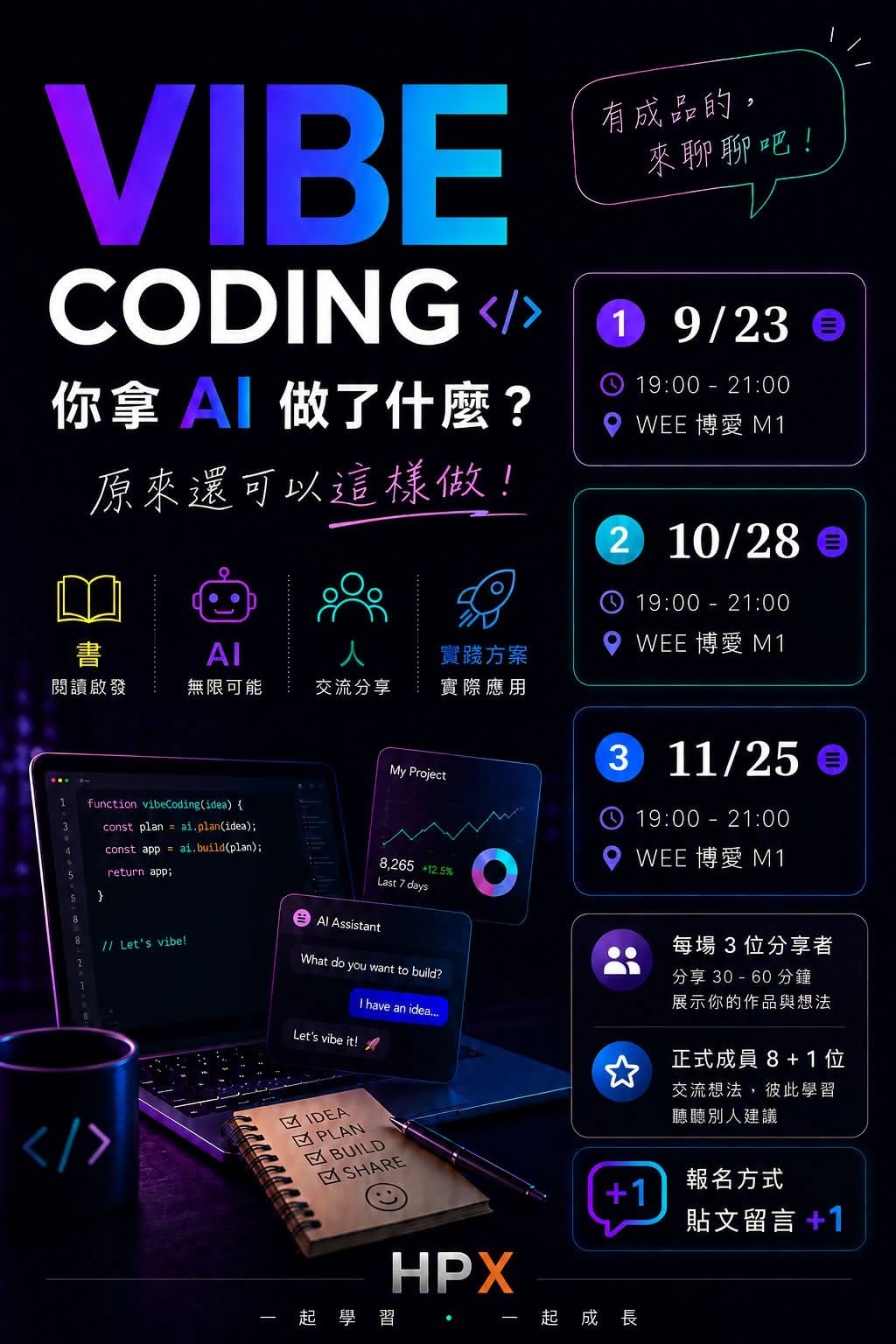 VIBE CODING 你拿 AI 做了什麼?HPX 高雄讀書會 AI 主題聚活動海報,三場分別在 9/23、10/28、11/25 晚間 19:00 至 21:00 於 WEE 博愛 M1 舉行,每場 3 位分享者,正式成員 8+1 位。